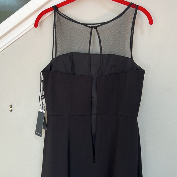 ADRIANNA PAPELL CREPE AND MESH ILLUSION MIDI FIT-FLARE COCKTAIL DRESS IN BLACK - Picture 8 of 13